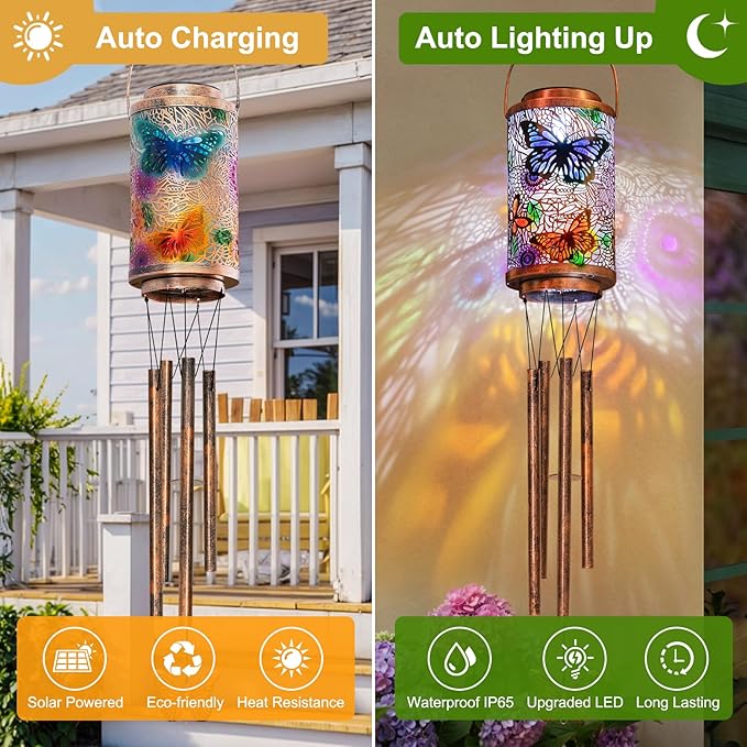Butterfly Solar Wind Chimes for Outside, Garden Gifts for Mom, Solar Lanterns Outdoor Decor Lights for Balcony, Patio, Yard,Birthday Gifts for Women Grandma Dad (1Pack)