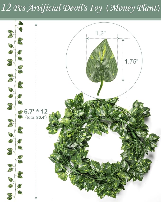 JACKYLED 80Ft 12 Pack Artificial Devil's Ivy Garland with 80 LED String Light, Fake Pothos Plant Vines,Houseplants, Hanging Plant Vines for Bedroom Garden Party Wall Decor