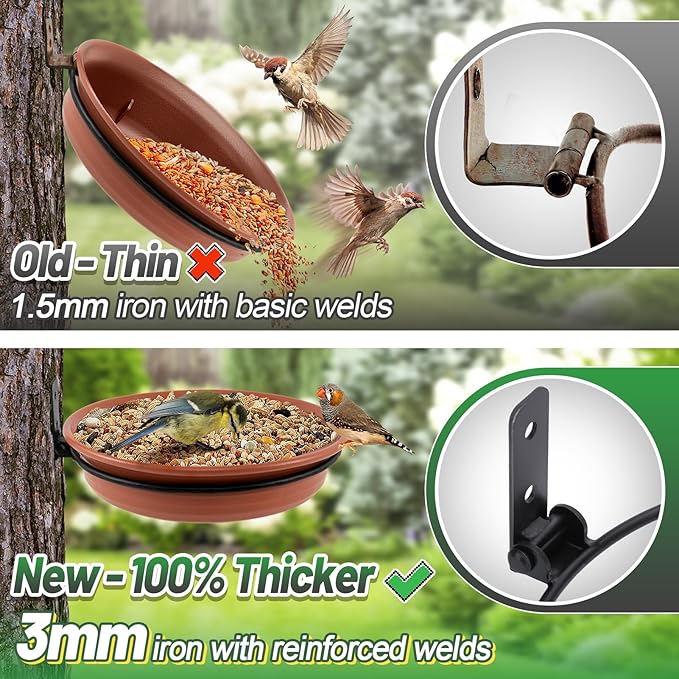 Fence Bird Feeders Tray - Tree Mounted Wild Bird Bath for Outdoors Place Food Water, Installed on Deck Wall Stakes with Heavy Duty Iron Ring, 8.3'' Dia. (Brown)