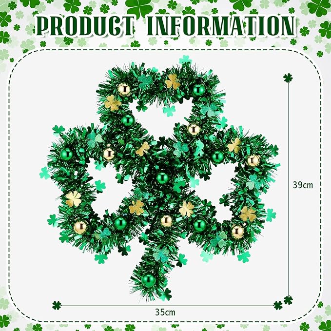 3 Pcs St. Patrick's Day Shamrock Tinsel Wreath 15.4" Large Irish Green Gold Lucky Clover Garland with Decorative Balls Thick Tinsel Hanging Decor for Front Door Outdoor Home Wall Window