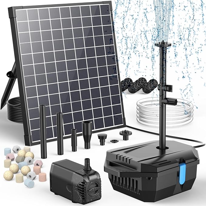 Antfraer 25W Solar Pond Pump with Filter Box, Outdoor Solar Pond Filter Fountain Kit for Garden Pond Waterfall, Includes Adjustable Nozzles, Tubing & Filtration Media