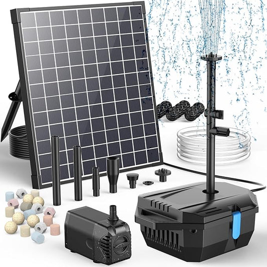 Antfraer 25W Solar Pond Pump with Filter Box, Outdoor Solar Pond Filter Fountain Kit for Garden Pond Waterfall, Includes Adjustable Nozzles, Tubing & Filtration Media