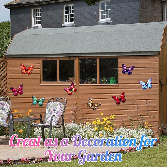 8 Pcs 3D Metal Butterfly Wall Decor 5. 12 x 6. 69 Inches Colorful Butterfly Hanging Wall Art for Garden Yard Living Room Bedroom Patio Balcony Outdoor Fence Decoration(Elegant Style)