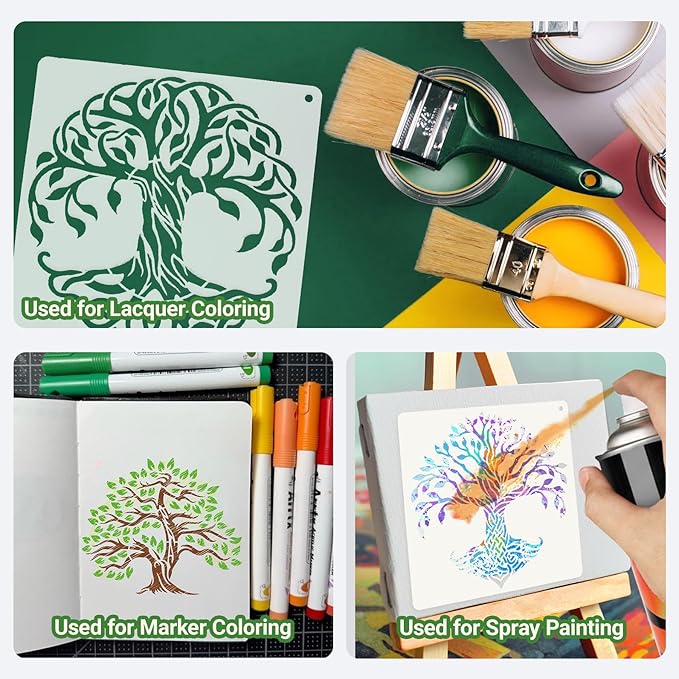 16 PCS Tree Stencils for Painting, Stencils for Crafts Reusable 6 x 6 Inch Tree of Life Templates for Wood Signs Journals Canvas and Spiritual Decor