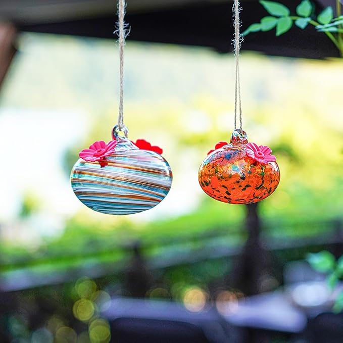 2pcs Small Blown Glass Hummingbird Feeders for Outdoors 3.2in Hanging Glass Humming Bird Feeders for Window Patio Decor with 2 Flower Feeding Ports
