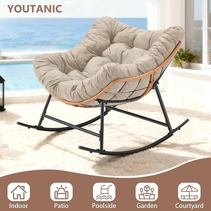 Outdoor Rocking Chair, Oversized Papasan Reading Chair Indoor with Thick Cushion, Comfy Rattan Rocker Egg Chair for Patio, Garden, Balcony, Lawn, Backyard, Bedroom, up to 450lbs, Beige