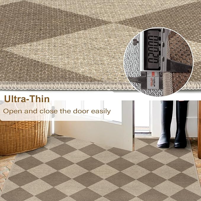 Easy Jute Checkered Runner Rug, 2.6x8 Brown Modern Washable Rugs Runner for Hallway Non-Slip Kitchen Runner Rug, Geometric Diamond Indoor Outdoor Carpet for Porch Laundry Entryway