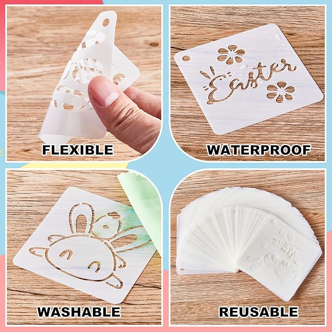 80 Pieces 3 x 3 Inch Easter Reusable Plastic Art Craft Kits for DIY Painting Art Projects Wood Wall Floor Fabric Furniture Tile Holiday Stencils Decorations Easter Egg Stencils Craft Kits