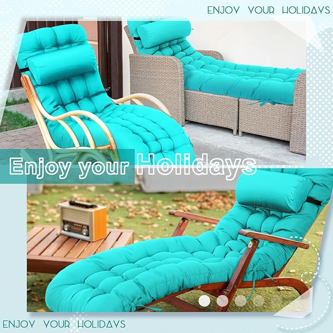 Tudomro 2 Pcs Peacock Blue 66'' Outdoor Chaise Lounge Cushion Waterproof Patio Lawn Pool Chaise Lounge Cushion with Headrest Pillow & Ties Weather Fade Resistant Replacement Longue Chair Pad