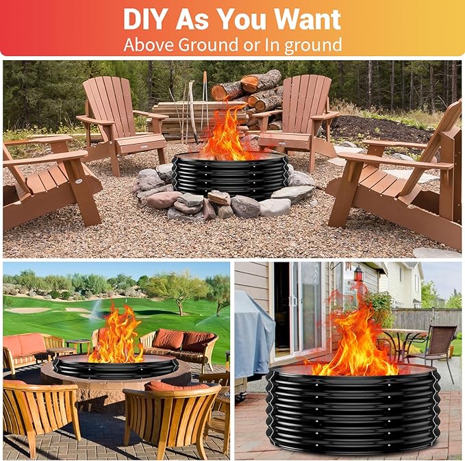 32 Inch Outdoor Fire Pit Ring, 17'' Tall Wood Burning Firepit & Fireplace for Outside, Heavy Duty Galvanized Steel Fire Pits Insert, High Heat Resistant Fire Bowl for Backyard Bonfire,Patio,Camping