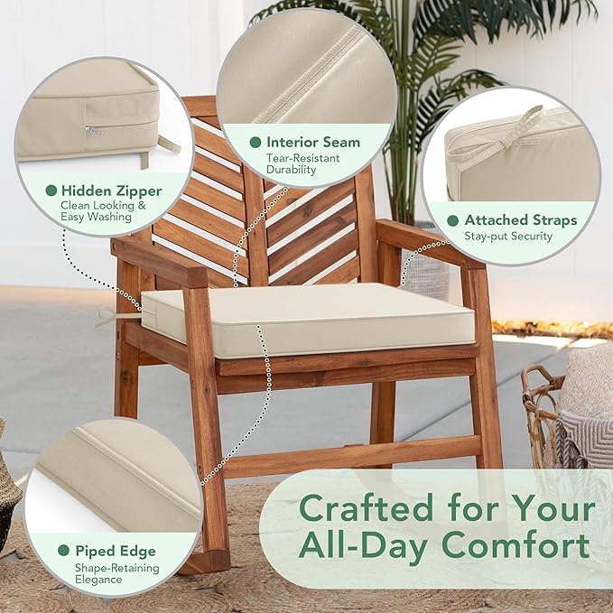 Outdoor Chair Cushions Set of 2: Waterproof & Fade Resistant Deep Seat Cushion for Patio Furniture - 24 x 24 x 3 Inch Chair Pads with Ties and Hidden Zipper - Patio Chair Cushion Replacement, Beige