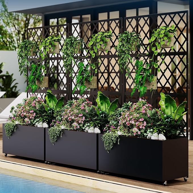 IDEAHOUSE Steel Raised Garden Bed w/Trellis & Privacy Screen - 71x46x16 in Planter Box w/Lockable Casters, Drainage Holes for Vines, Vegetables on Patio, Deck, Yard, Black