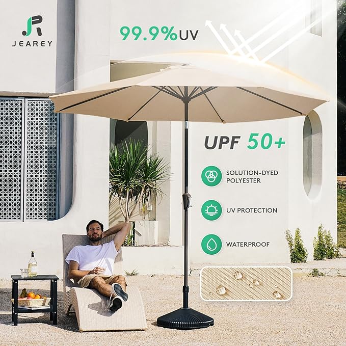 JEAREY 10FT Outdoor Patio Umbrella Outdoor Table Umbrella with Push Button Tilt and Crank, Market Umbrella 8 Sturdy Ribs UV Protection Waterproof for Pool, Garden (Cream Beige)
