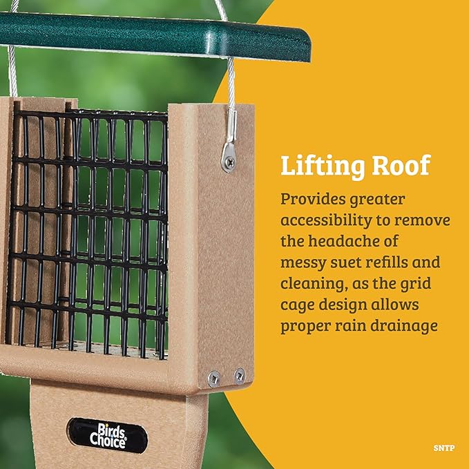 Birds Choice Suet Feeder with Tail Prop, Holds 1 Suet Cake | Hanging Suet Bird Feeder with Roof, Woodpeckers, Jays, Nuthatches | Sturdy for Garden & Backyard | Taupe & Green, 8" L x 3" W x 12" H