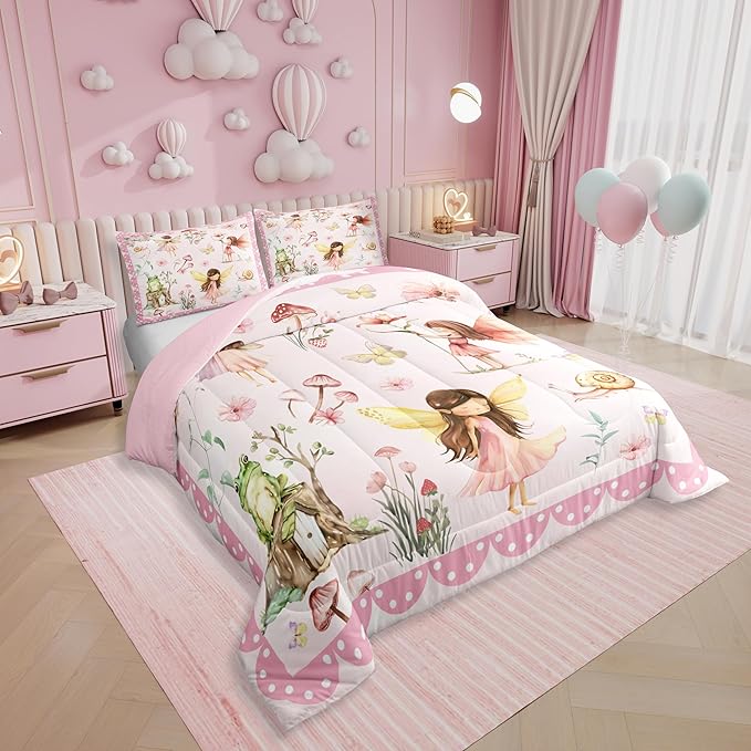 Erosebridal Dreamy Fairy Full Comforter Set,Pink Floral Garden Bedding Sets for Girls Kids,Mushroom and Frog Quilt Bed Set,Kawaii Flower Butterfly Bedroom Decor,2 Pillowcases Breathable