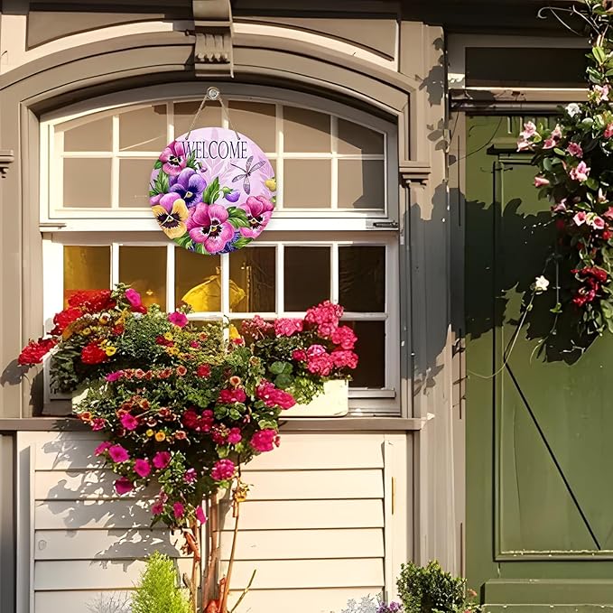 Deroro Welcome Spring Summer Pansy Flower Front Door Sign, Pink Floral Dragonfly Wood Door Hanger Outdoor Outside Porch Decor, Seasonal Wooden Wreath Indoor Wall Hanging Decoration
