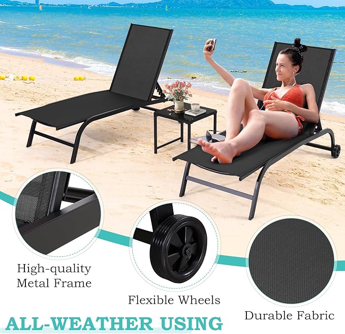 EROMMY Patio Chaise Lounge Chair Set of 2 with Table, Adjustable Backrest & Wheels, Oversized 26" W Outdoor Poolside Recliners for Garden, Deck, Lawn, Backyard