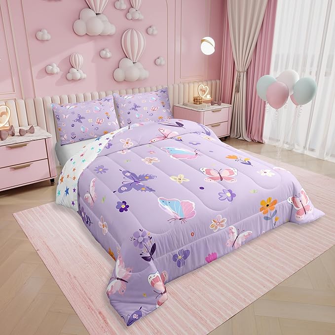 Erosebridal Purple Floral Queen Comforter Set,Cute Butterfly Bedding Sets for Kids Girls Teen,Coquette Flower Quilt Bed Set,Dreamy Flowers Garden Bedroom Decor,2 Pillowcases Lightweight
