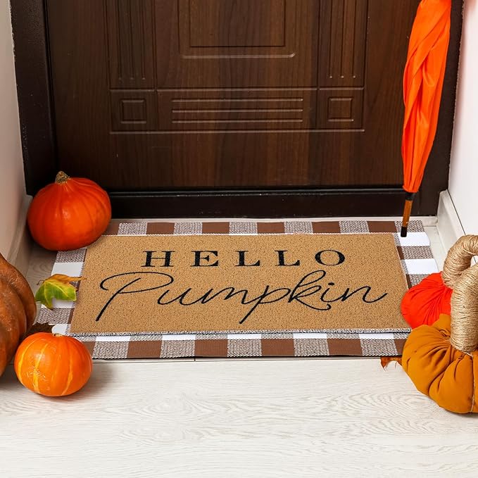 Tinideya 2 Pcs Fall Door Mat Hello Pumpkin Welcome Non Slip Coir Mats Thanksgiving Black White Plaid Harvest Floor Layering Doormats Seasonal for Front Porch Entryway Decor(Brown White Plaid)