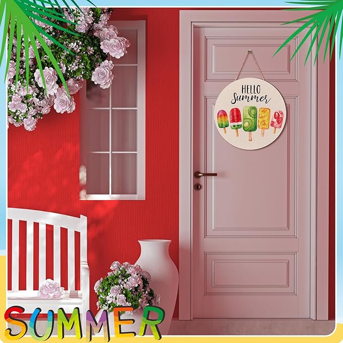 Chunful Hello Summer Door Decor Ice Cream Wreath Front Door Hanger Ice Lolly Farmhouse Summer Wooden Hanging Welcome Beach Wall Wreath Sign for Home Seasonal Holiday Porch Office Garden Office