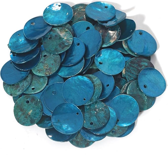 Firstmeet Shell Beads 65pcs Natural 20mm Flat Round Mussel Shell Coin Drop Charm Beads with Iridescent Back for Handcraft Jewelry Making(DIY-1023-Sea Blue-20)