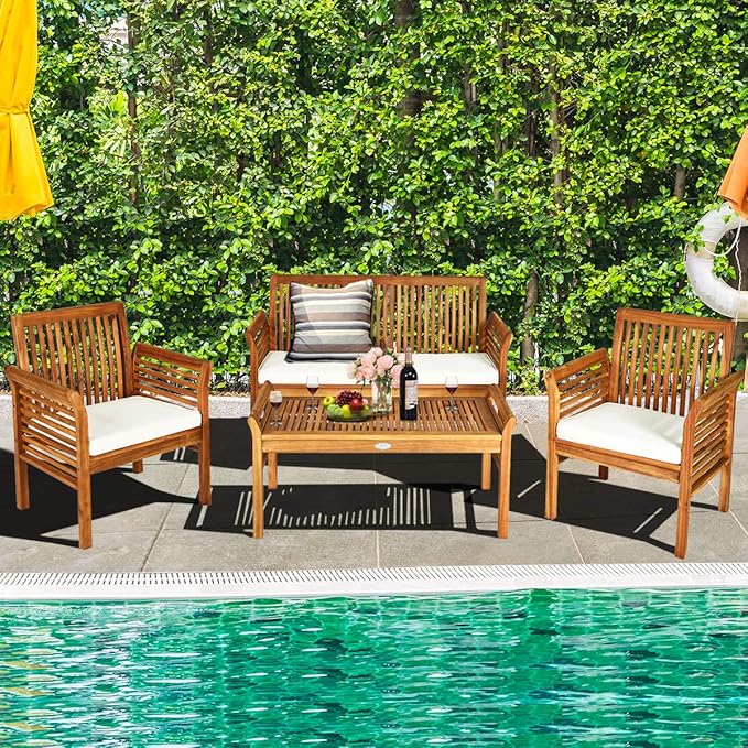 Tangkula 5 Piece Outdoor Acacia Wood Sofa Set with Wood Oil, Padded Patio Conversation Table Chair Set w/Coffee Table for Garden, Backyard, Poolside (Natural,2)