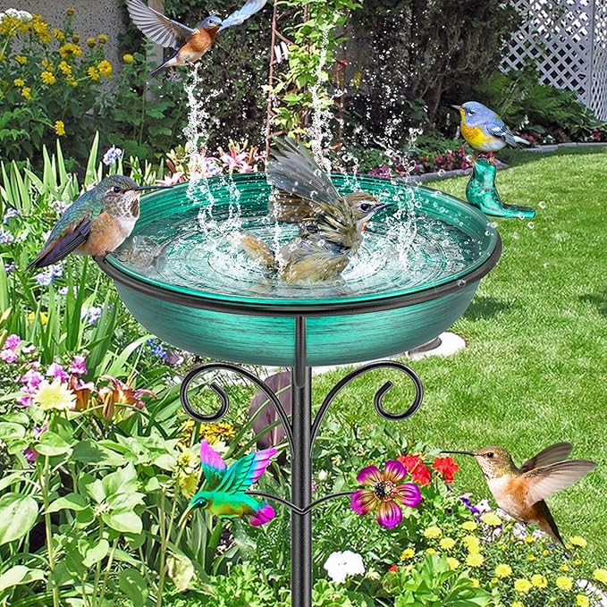 38.6in Bird Baths for Outdoors, Detachable Birdbaths for The Garden Clearance, Freestanding Bird Baths for Outdoors, Bird Bath Bowl Spa & Birdfeeder with Metal Stake Stand (Retro Green)