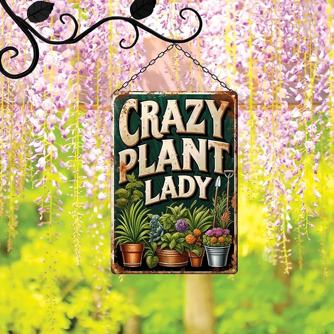 Vintage Garden Metal Sign "CRAZY PLANT LADY" Retro Gardening Tin Plate Wall Decor for Home Garden Yard Greenhouse Outdoor Decoration (8x12 Inch)
