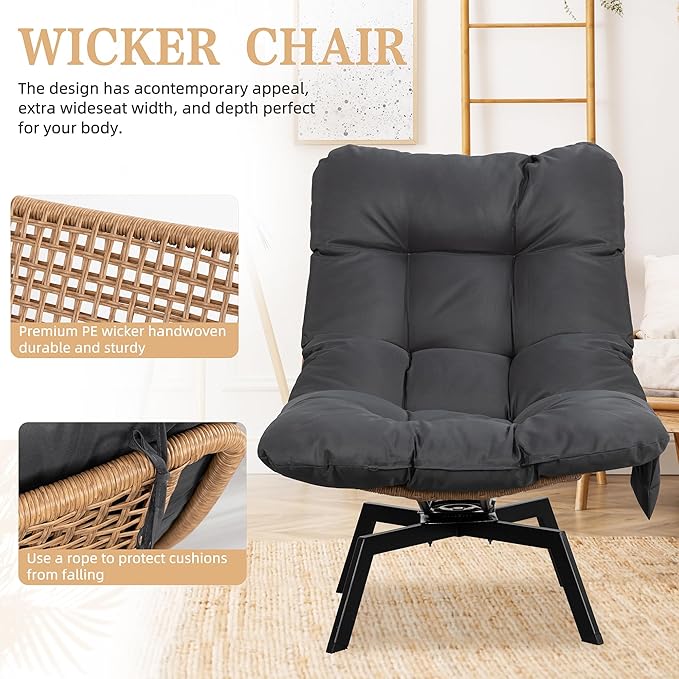 Vongrasig Swivel Wicker Chair PE Rattan Chair with Cushion, Oversized Patio Lounge Chair for Outdoor, Indoor, Balcony, Backyard, Garden, Living Room, Black