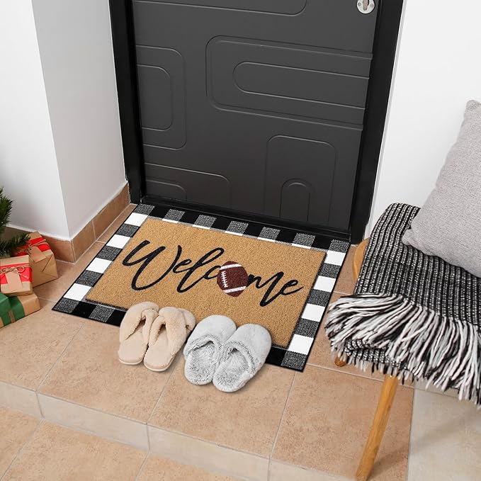 Tinideya 2 Pcs Football Door Mat Welcome Non Slip Coir Mats Funny Black White Buffalo Plaid Floor Layering Doormats Seasonal for Front Porch Entryway Decor(Football)