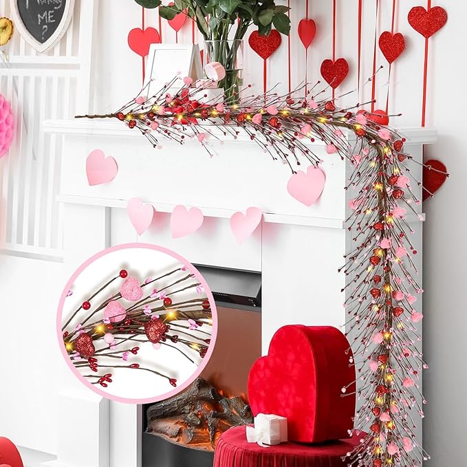 6.5 Ft Valentine's Day Berry Garland Twig Red Pink Berry Glitter Hearts Garland with LED Lights Artificial Vine for Valentines Wedding Anniversary Fireplace Mantel Table Home Wall Indoor Party Decor