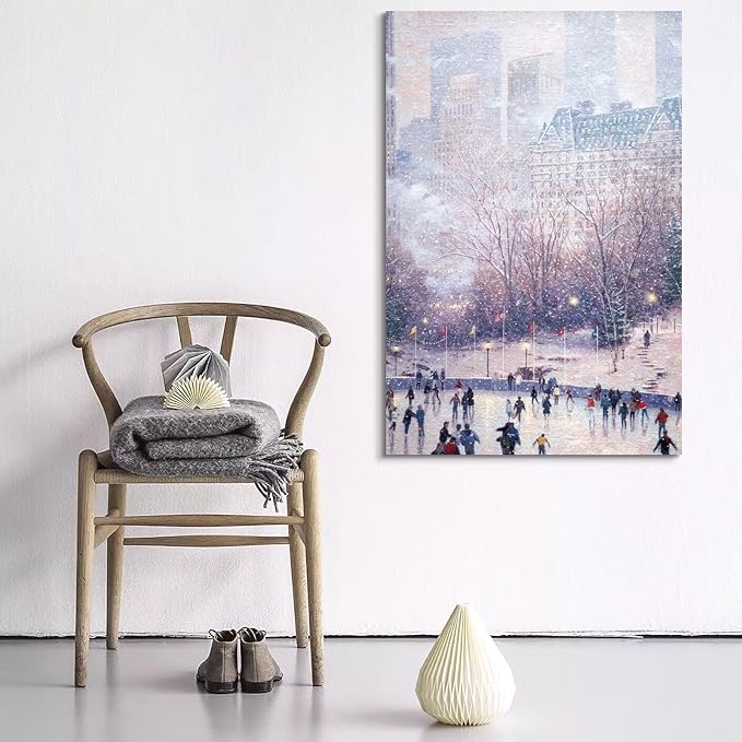 STUDIO HAVEN Thomas Kinkade Canvas Wall Art, Snow-Covered Urban Scene with Historic Buildings Oil Painting Poster Vintage Picture Cozy Seasonal Wall Decor, Framed Prints for Home Decor, 20x28Inch