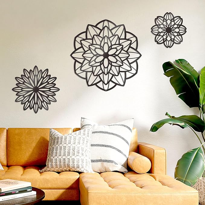 Zzbakress 3 Pcs Metal Flowers Wall Decor Black Wall Decor Metal Flower Art Farmhouse Wall Art Multiple Flowers Hanging Decor for Bathroom Living Room Kitchen Garden Office (Black Modern)