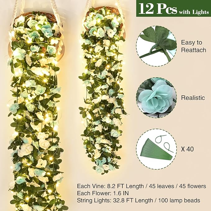 BLEUM CADE 12Pcs 98.4Ft Flower Garland Artificial Rose Vines with 98.4Ft String Lights, Cute Fake Hanging Flower Vines Floral Garland Decorations for Wedding Party Wall Room Decor Aesthetic