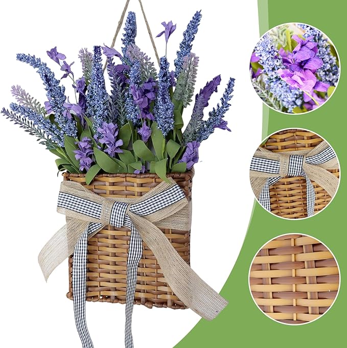 Purple Lavender Wreathes for Front Door, Spring Door Hanger Basket Wreath Artificial Hanging Basket Wreath with Green Leaves for Indoors Outdoor Decor Rustic and Farmhouse Purple Wreathes