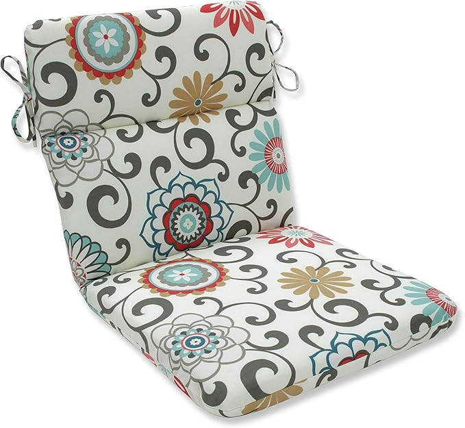 Pillow Perfect Bright Floral Indoor/Outdoor 1 Piece Split Back Chair Cushion Set With Ties, 1 Count, 40.5" x 21", Blue/Brown Pom Pom Play