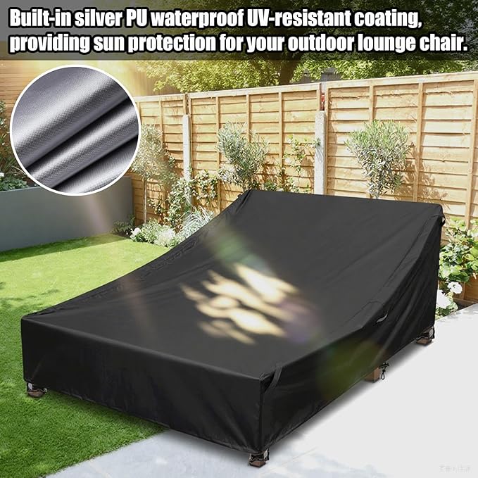 Double Lounge Chair Cover 100% Waterproof Outdoor Chaise Lounge Cover 600D Weather Resistant Material, UV Protection, Windproof Design Double Wide Patio Lounge Chairs Covers (Black)