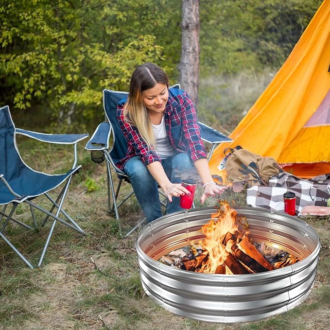 48In Fire Pit Ring, Heavy Duty Galvanized Steel Firepits Outside,Wood Burning,DIY In-Ground or Above-Ground Outdoor Fire Pit, Fireplace for Backyard Bonfire, Patio & Camping