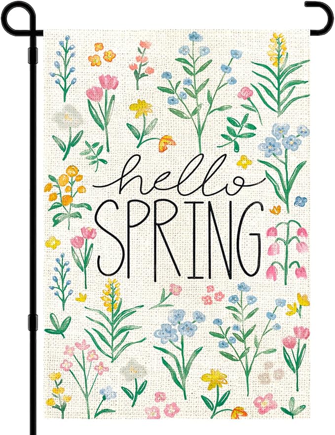 DIYDEC Hello Spring Garden Flag 12x18 Inch Vertical Double Sided Burlap Spring Tulip Flowers Flag Holiday Yard Sign for Outdoor Garden Seasonal Farmhouse Spring Summer Decoration