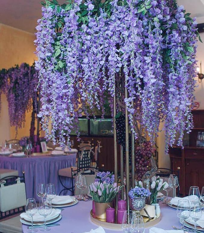 12pcs Artificial Wisteria Flowers 3.6 Feet/Piece Purple Dense Artificial Fake Wisteria Vine Ratta Hanging Garland Silk Flowers String Home Party Wedding Decor（Purple-Dense）