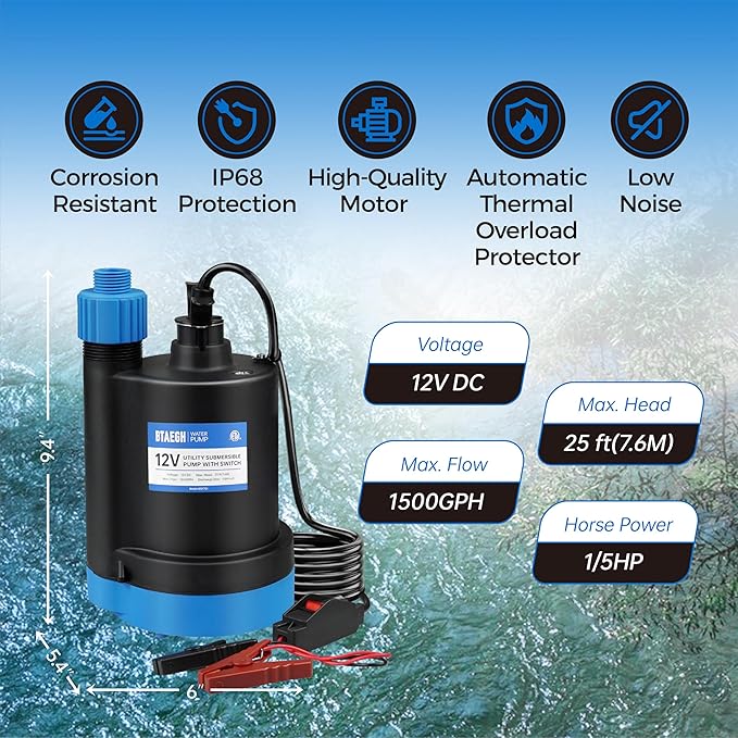 12V Submersible Water Pump 1500GPH Small Sump Pump Thermoplastic Portable Transfer Utility Pump Clean for Swimming Pool Basement Garden Pond