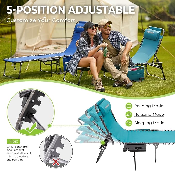 FUNDANGO Chaise Lounge Chair Outdoor, 5-Position Folding Tanning Chair with Detachable Side Table & Pillow, 180° Lay Flat Portable Beach, Heavy Duty U-Frame for Patio, Pool, Lawn, 265lbs (Cyan)