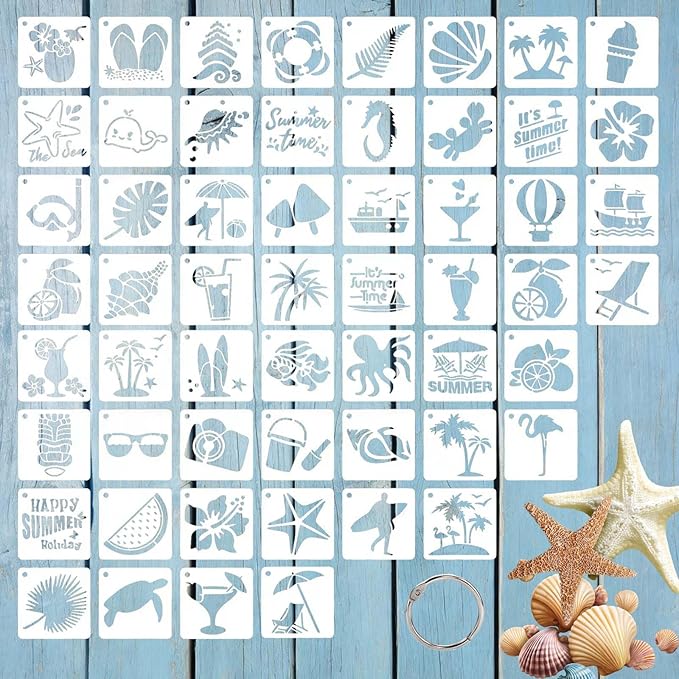 56 Pcs Summer Beach Stencils for Painting, Reusable 3x3in Hawaii Holiday Ocean Stencils for Painting on Wood Rock Wall Canvas Scrapbook, Small Stencil for DIY Art Crafts Home Decors Ornaments