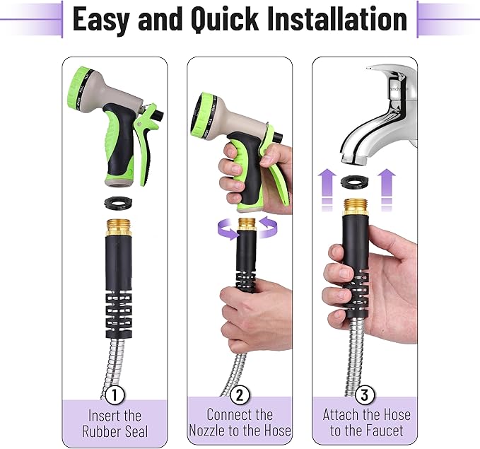 UNCO- Metal Garden Hose, 25 ft, Stainless Steel, Heavy Duty Flexible Hose with 10-Function Spray Nozzle & 3 Extra Washers, No-Kink, Lightweight, Puncture Proof for Outdoor Yard, Lawn, Plants, Car Wash