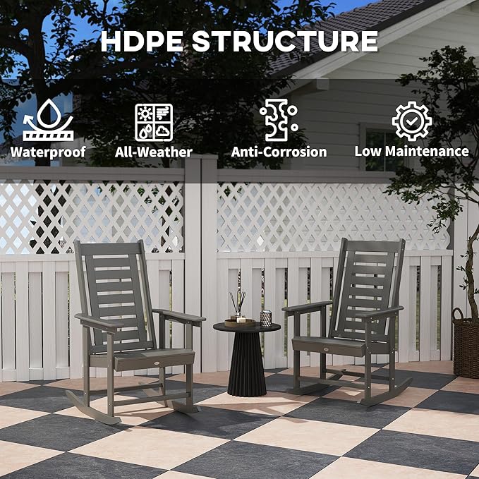 Outsunny Outdoor Rocking Chairs Set of 2, HDPE Patio Rocking Chairs with 28" High Back and Wide Armrests, All-Weather Slatted Porch Rockers for Garden, Balcony, Fire Pit, Dark Gray