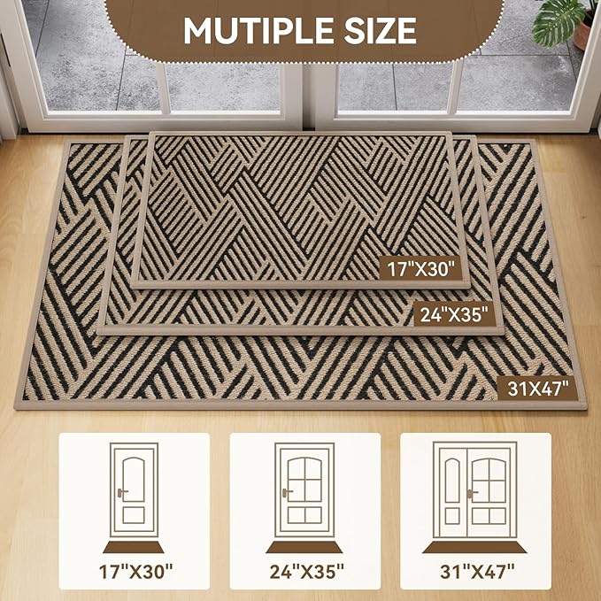 Door Mat Indoor Outside Entrance 24"x35", Low-Profile Non Slip Outdoor Inside Doormat Entryway Mat, Dirt Resistant Absorbent Front Porch Welcome Entry Mats, Washable Easy Clean, Brown