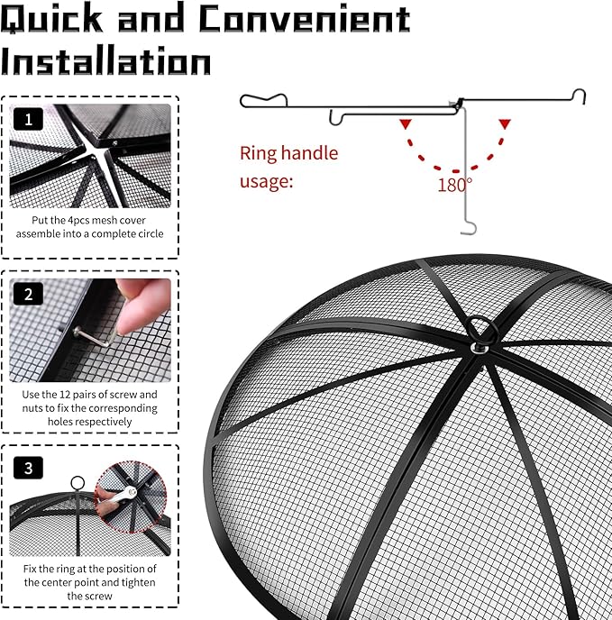 Fire Pit Spark Screen, Outdoor 22 Inch Round Fire Pit Screen with Foldable Hook and Fire Safety Gloves, Heavy Duty Steel Mesh Fire Pit Cover, Fire Pit Lid for Backyard, Beach, RV Camping