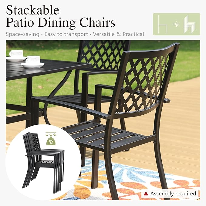 PHI VILLA 7 Piece Metal Outdoor Patio Dining Bistro Sets with Umbrella Hole, 60.2" x 37.8" Rectangle Patio Table and 6 Backyard Garden Outdoor Chairs, Black