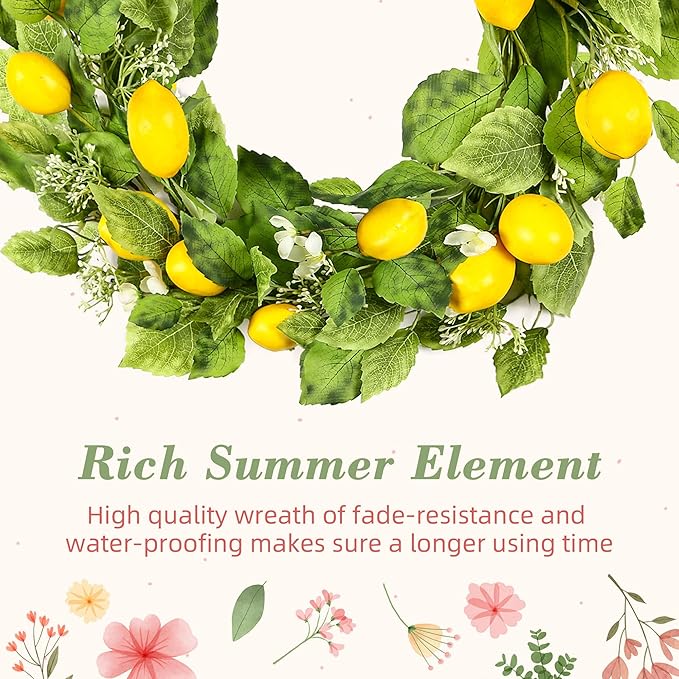 YNYLCHMX 18" Wreaths for Front Door, Artificial Floral Lemon Wreath with Green Eucalyptus Leaves, Green Foliage Wreath for Wall Window Farmhouse Party Holiday Home Decor