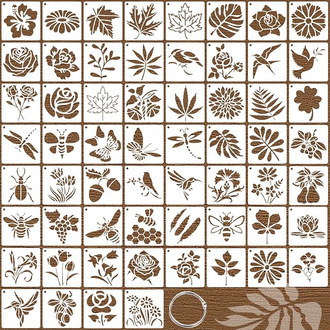 60 Pcs Stencils for Painting Flower Plants Templates, Reusable Leaves Bird Bee Butterfly Stencil,DIY Craft Drawing Plastic Set 3 x 3 Inch for Paint on Wood Wall Paper Home Decor